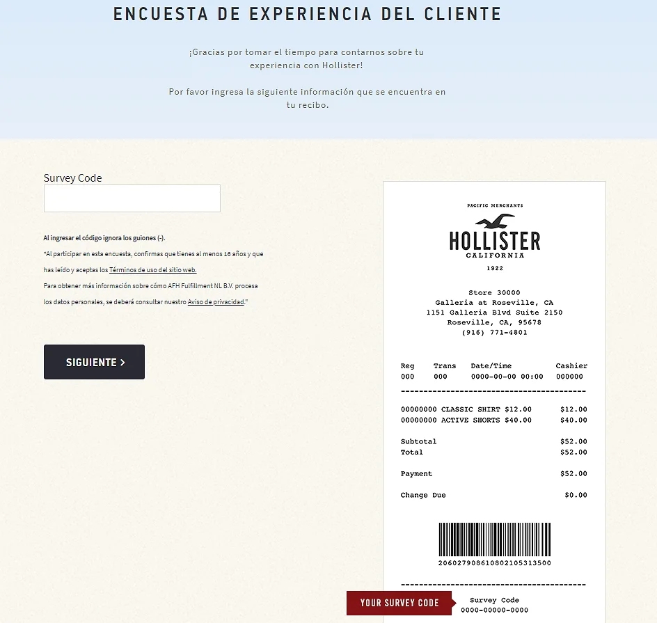 survey code hollister